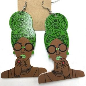 African Head Wrap Wooden Dangle Earrings
